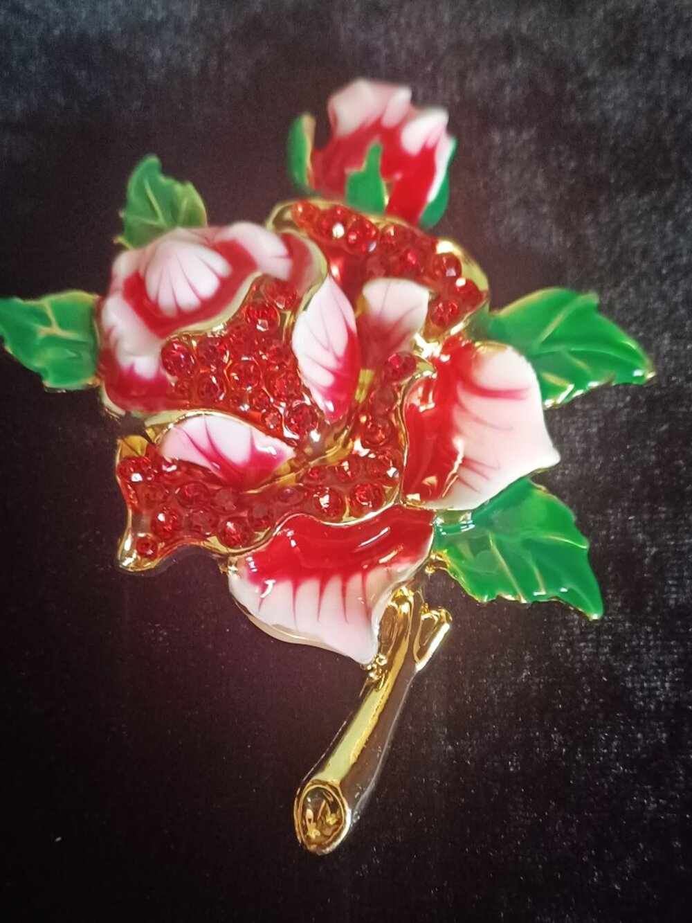 Large Enamel and Rhinestone RED ROSE Brooch
